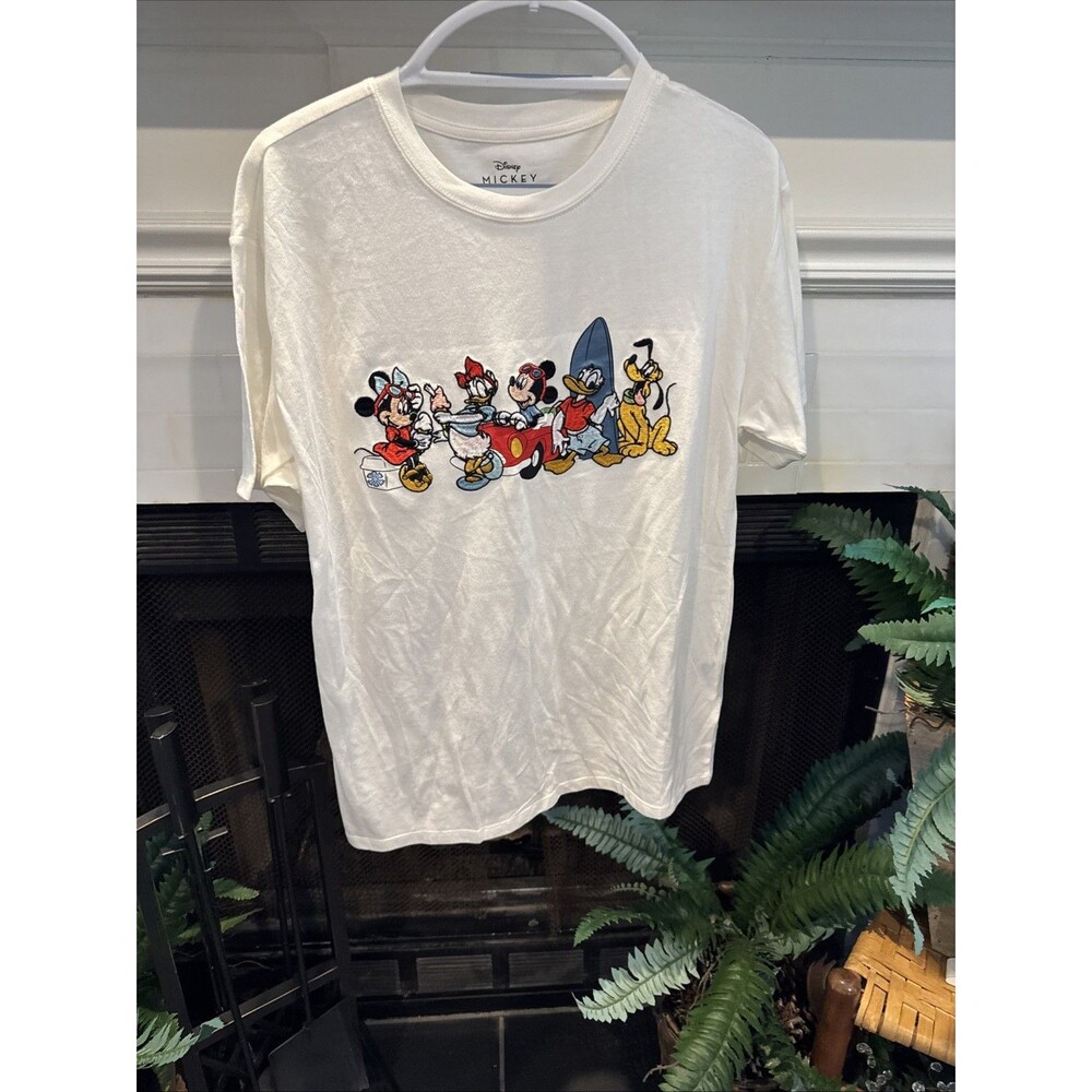 Disney Mickey Mouse Friends Embroidered Beach Graphic TShirt White L (11-13) EUC